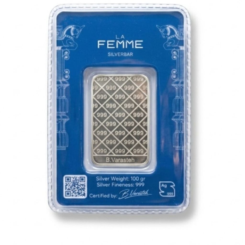خرید اینترنتی شمش نقره خالص 100 گرمی Lafemme